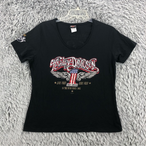 Harley-Davidson Tops - Harley Davidson Tshirt Womens XL Spellout Wing Live Free Ride Free Black Shirt